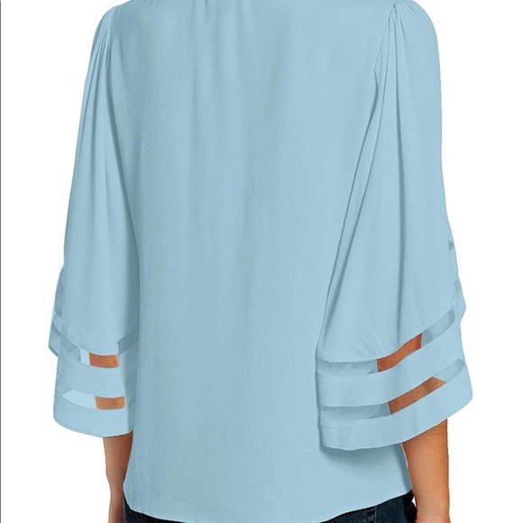 Light Blue Top Blouse V-Neck Top with Bell Sleeves - Picture 2 of 5